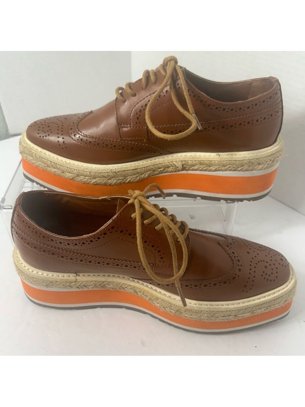 NEW PRADA Brogue Leather Creeper Espadrille Derby Oxford Platform Shoes 6.5 US - Picture 6 of 9